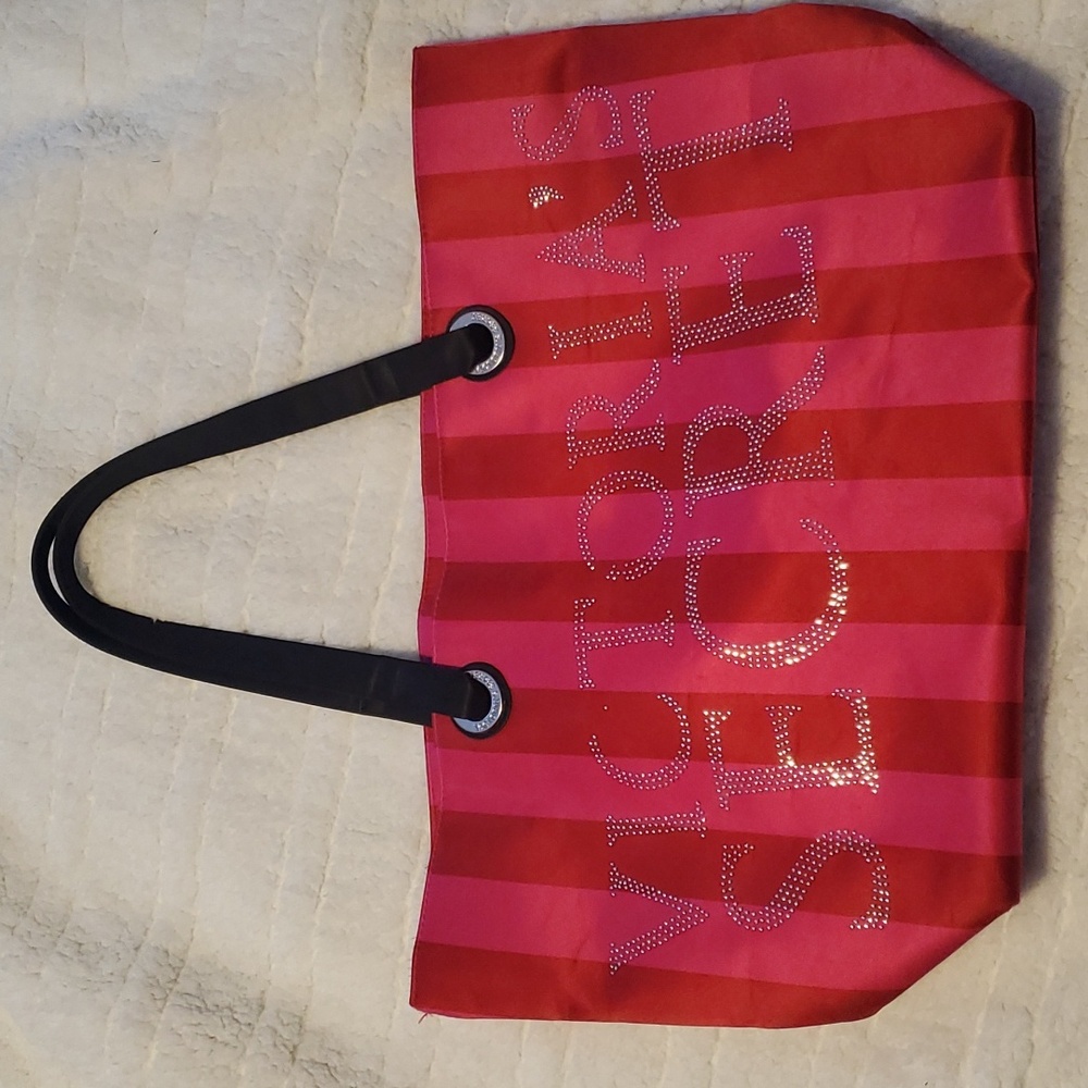 Victoria Secret tote bag, red/pink satin with silver accents